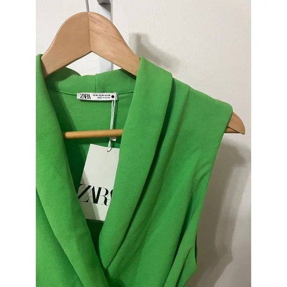 NWT Zara Wrap Mini Dress Women Medium Green Sleeveless Shawl Collar Side Tie - Picture 4 of 9